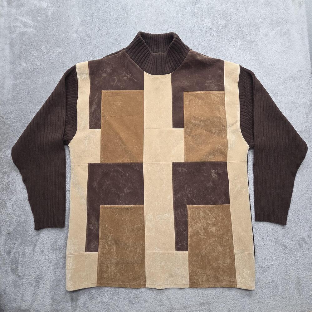 Koman Sport Sweater Mens L Brown Mock Neck Pullover Heavyweight Geometric